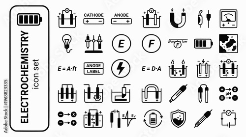 Electrochemistry Bold Line Icons-Galvanic Cell Cathode Anode Electrolysis Salt Bridge Faraday Battery Corrosion pH Electrode-20 Electrochemistry Icon Set Vector - Electro Icons