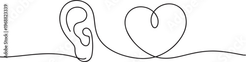 Minimalist illustration of ear and heart, hearing emotions, love. one line Icon drawing