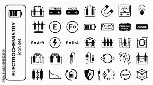 Electrochemistry Bold Line Icons-Galvanic Cell Cathode Anode Electrolysis Salt Bridge Faraday Battery Corrosion pH Electrode-20 Electrochemistry Icon Set Vector - Electro Icons