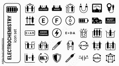 Electrochemistry Bold Line Icons-Galvanic Cell Cathode Anode Electrolysis Salt Bridge Faraday Battery Corrosion pH Electrode-20 Electrochemistry Icon Set Vector - Electro Icons