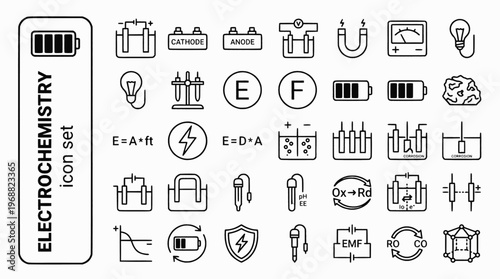 Electrochemistry Bold Line Icons-Galvanic Cell Cathode Anode Electrolysis Salt Bridge Faraday Battery Corrosion pH Electrode-20 Electrochemistry Icon Set Vector - Electro Icons
