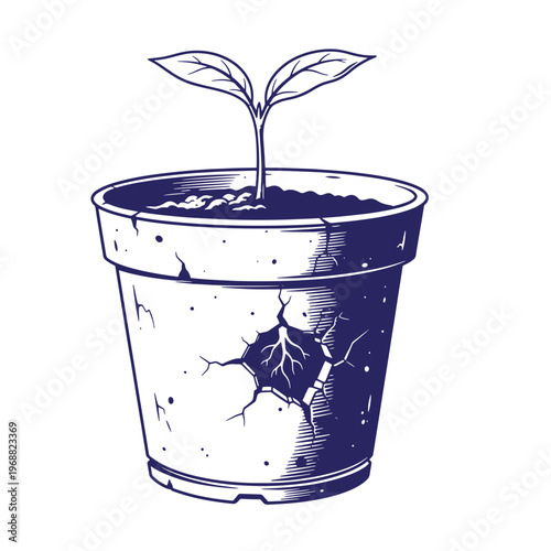 A single blue ink line of a small green sprout growing from a cracked terracotta flower pot with visible soil and roots emerging through a hole in the side of the container