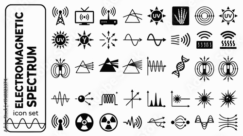 Electromagnetic Spectrum Bold Line Icons-Radio Wave Microwave Infrared Visible Light UV Xray Gamma Wavelength Photon-20 Spectrum Icon Set Vector - EM Spectrum Icons