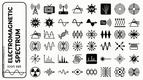 Electromagnetic Spectrum Bold Line Icons-Radio Wave Microwave Infrared Visible Light UV Xray Gamma Wavelength Photon-20 Spectrum Icon Set Vector - EM Spectrum Icons