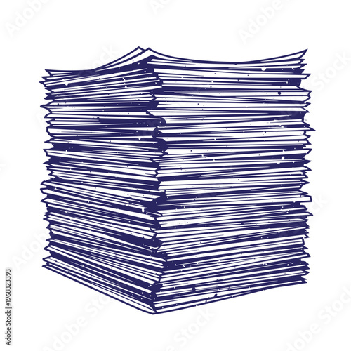 A tall stack of loose white paper sheets with dark blue ink outlines and a textured speckled effect isolated on a white background
