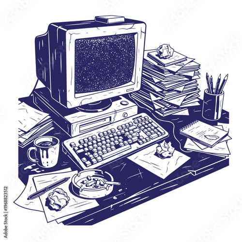 Cluttered desk with vintage c r t computer monitor keyboard stacks of paper crumpled notes coffee mug pen holder and an ashtray with cigarette butts in a blue and white ink style