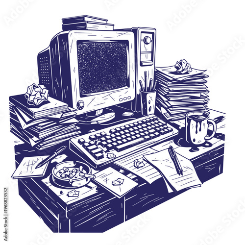 Cluttered office desk with vintage computer monitor keyboard stacks of paper coffee mug pens and an ashtray with cigarette butts in a blue and white ink style