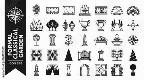 Formal Classical Garden Bold Line Icons-Parterre Knot Pattern Box Edging Clipped Yew Hedge Stone Balustrade Formal Pool Topiary Peacock Pleached Lime-15 Formal Garden Icon Set Vector - Classical Garde