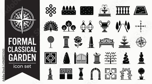 Formal Classical Garden Bold Line Icons-Parterre Knot Pattern Box Edging Clipped Yew Hedge Stone Balustrade Formal Pool Topiary Peacock Pleached Lime-15 Formal Garden Icon Set Vector - Classical Garde