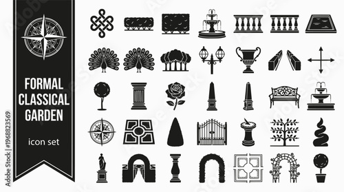Formal Classical Garden Bold Line Icons-Parterre Knot Pattern Box Edging Clipped Yew Hedge Stone Balustrade Formal Pool Topiary Peacock Pleached Lime-15 Formal Garden Icon Set Vector - Classical Garde