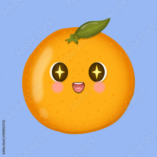 Cute mandarin character excited. Kawaii citrus fruit emoji face vector illustration