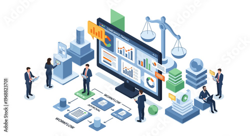 Business analytics and legal compliance isometric illustration.