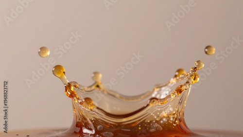 High-resolution featuring close-up liquid splash appears golden-brownish-orange color smooth glossy texture ce