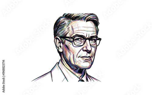 Close-up sketch portrait of a distinguished man wearing glasses and a suit