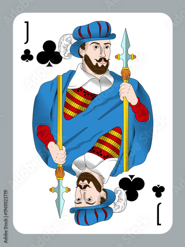 Jack of clubs playing card, retro vintage vector design style