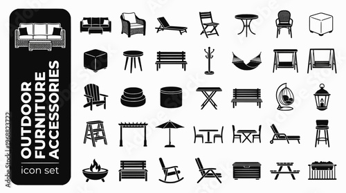Outdoor Furniture Accessories Bold Line Icons-Garden Sofa Rattan Lounge Sunbed Garden Chair Folding Outdoor Dining Chair Side Table Hammock Rope Swing Seat-15 Outdoor Furniture Icon Set Vector - Acces