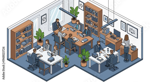 Isometric Office Space with People Working and Meeting.
