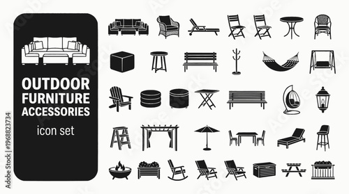 Outdoor Furniture Accessories Bold Line Icons-Garden Sofa Rattan Lounge Sunbed Garden Chair Folding Outdoor Dining Chair Side Table Hammock Rope Swing Seat-15 Outdoor Furniture Icon Set Vector - Acces