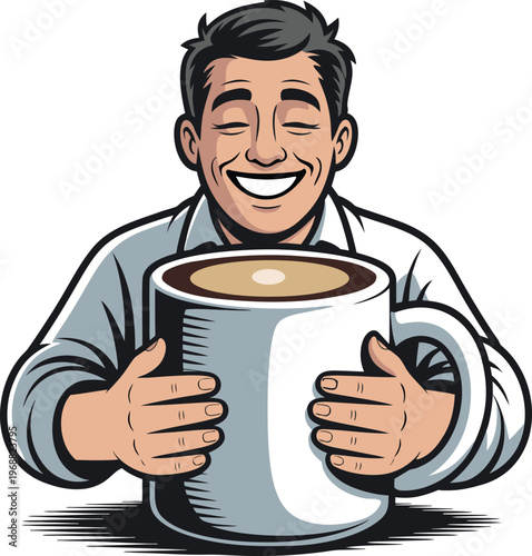 Happy Man Holding Giant Coffee Mug Cartoon Character Lifestyle Vector Illustration 