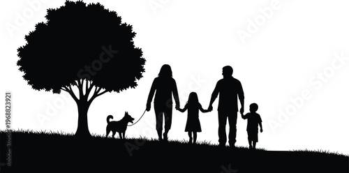 Silhouetted family of four with their pet dog walking hand-in-hand up a grassy hill under a large tree, symbolizing togetherness and outdoor activity.