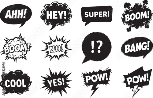 Comic book speech bubbles and sound effects collection in black and white