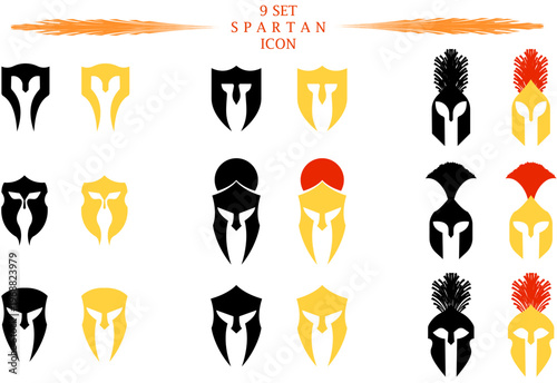 9 editable eps10 vector set of modern spartan face shield icon isolated over white background.Greek and Roman warrior concept icon sheet.Fresh icons for games,protection,war,warriors,bravery,valor.