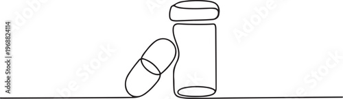 Capsule medicine and its bottle. Medicine concept one-line drawing. one line Icon drawing