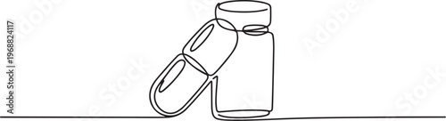Capsule medicine and its bottle. Medicine concept one-line drawing. one line Icon drawing