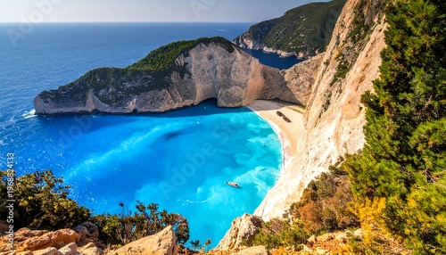 Turquoise bay with a shipwreck on a sandy beach surrounded by cliffs and greenery