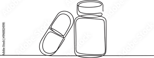 Capsule medicine and its bottle. Medicine concept one-line drawing. one line Icon drawing