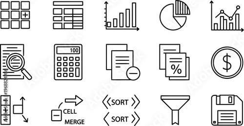 Collection of business and finance related icons depicting data analysis calculations and financial elements on a transparent background