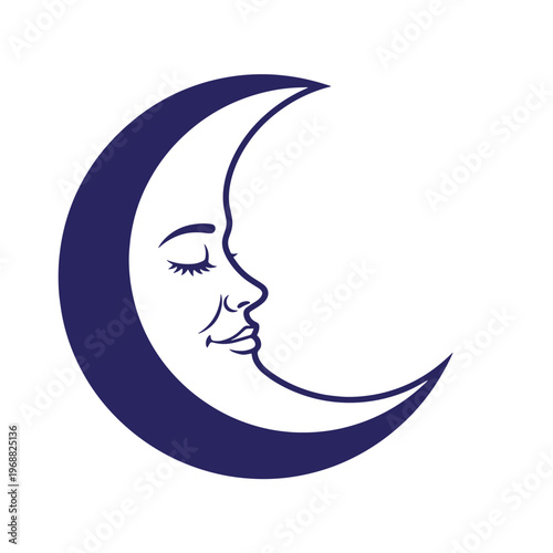 Dark blue crescent moon with a human face featuring closed eyes and a gentle smile in a simple line style isolated on a white background