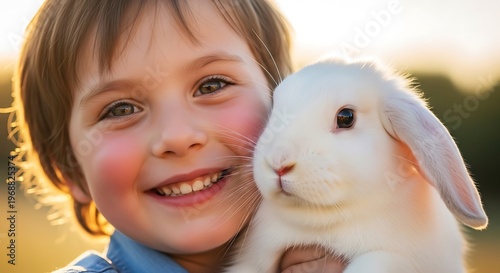 Joyful child with a fluffy white rabbit in golden hour sunlight