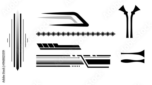 Futuristic abstract line divider and HUD interface elements set isolated on white background