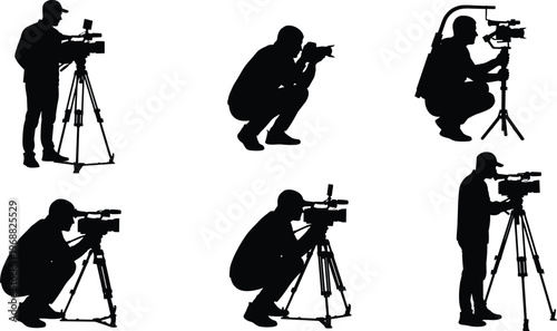 Videographer and photographer silhouettes set with camera tripod shooting filming and recording scenes isolated on white background for media production use
