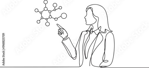 young female analyzing molecular structure. Woman in suit looking a at chemical diagram. Business person studies complex compounds for success. one line art icon drawing vector