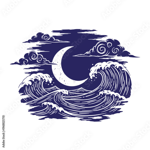 Dark blue of a crescent moon shining over turbulent ocean waves with swirling clouds in a woodcut style on a white background