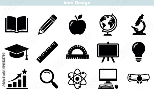 Set of icons for education and academic learning. Features school supplies graduation cap globe and microscope. Modern symbols for classroom study and university. Quality vector design.