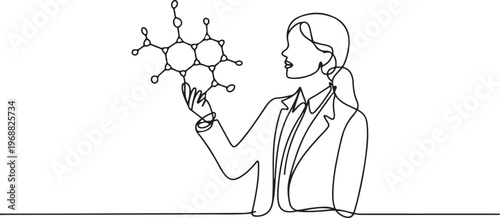 young female analyzing molecular structure. Woman in suit looking a at chemical diagram. Business person studies complex compounds for success. one line art icon drawing vector