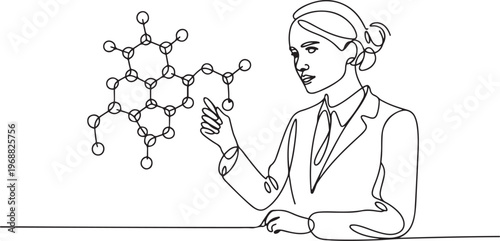 young female analyzing molecular structure. Woman in suit looking a at chemical diagram. Business person studies complex compounds for success. one line art icon drawing vector
