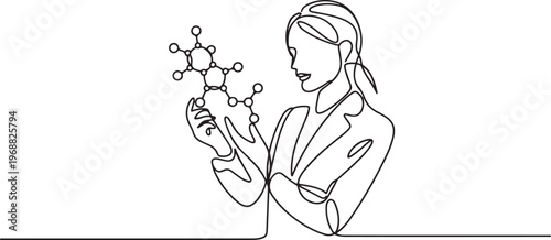 young female analyzing molecular structure. Woman in suit looking a at chemical diagram. Business person studies complex compounds for success. one line art icon drawing vector
