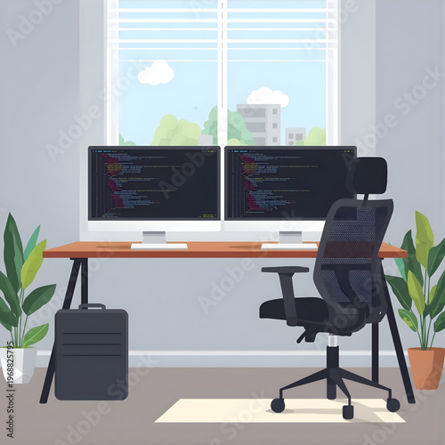 Flat Vector Programmer Workspace Dual Monitors Code