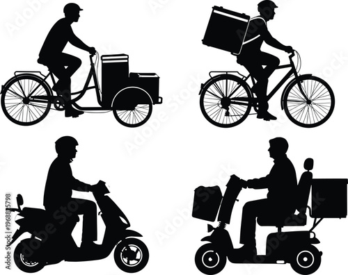 Delivery rider silhouettes set with bicycle cargo bike scooter and electric bike courier transporting packages isolated on white background