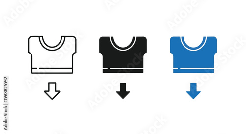 Illustration showing a t-shirt color transformation process from white to black to blue. Vector