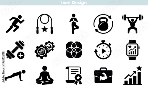 Set of icons for fitness and healthy lifestyle. Includes gym equipment workout routines and exercise tracking. Vital symbols for training and body wellness. Quality vector design.