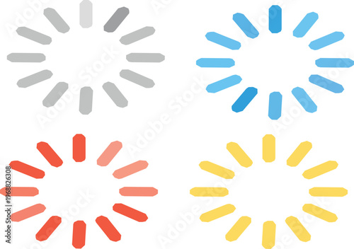Four colorful circle loading or buffering icons are displayed, with each  segment arrange in a radial pattern, suggestion waiting or processing.