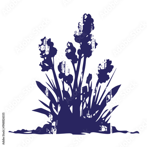 Dark blue silhouette of a lavender plant with a distressed grunge texture isolated on a white background featuring multiple flower spikes and pointed leaves growing from a base of soil