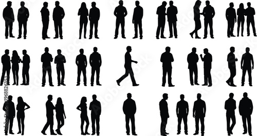 Black human silhouettes in casual standing, walking, and interacting poses, creative group communication illustration, minimal vector artwork concept showing social interaction and body language