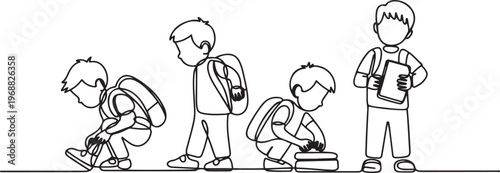 Boys getting ready to go to school. Back to school concept. one line Icon drawing