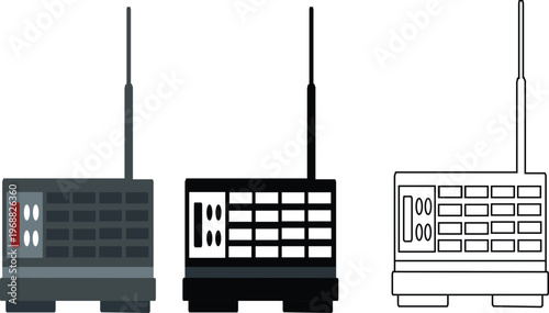 Three Stylized illustration of a portable radio or communication device, each featuring an extendable antenna and control panel. The set include a color version, a black silhouette, detail line draw.